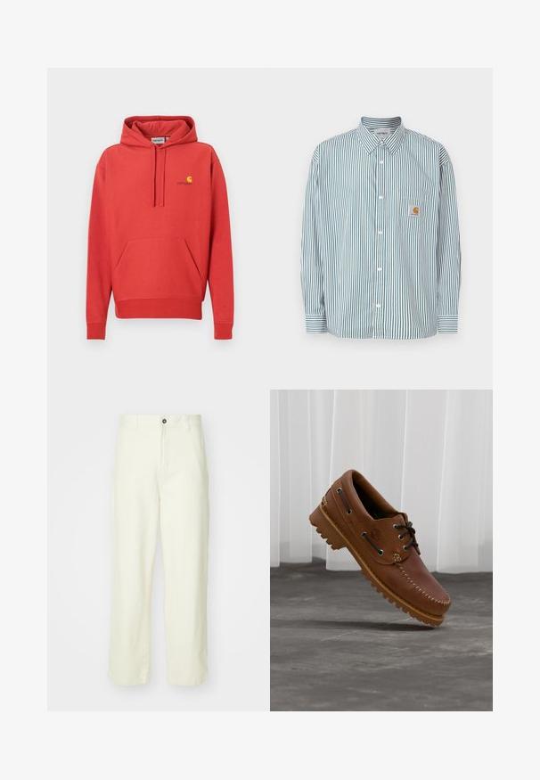 Rode hoodie met een capuchon met trekkoord, een kangoeroezak, geribde manchetten en een geel logo op de borst. Gemaakt van zachte stof met een gladde textuur.; Gestreept shirt in groen en wit, voorzien van een kraag met knoopsluiting, lange mouwen, een zak aan de voorkant en een klein logolabel.; Lichtgele katoenen broeken met een rechte pijp, voorzien van een frontsluiting met knoop, ceintuurlussen en een schone, minimalistische uitstraling.; Bruine leren bootschoen met zwarte veters, beige stiksel en een robuuste zool, zwevend boven een grijze betonnen vloer.
