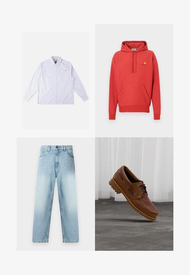 Sudadera con capucha roja con cordón, bolsillo tipo canguro, puños acanalados y un logo amarillo en el pecho. Hecha de tela suave con una textura lisa.; Camisa blanca de manga larga con rayas verticales azules, cierre de botones en la parte delantera, cuello, bolsillo en el pecho izquierdo y detalle de logo rojo. Tela suave y tejida.; Vaqueros rectos de color azul claro con acabado desgastado, diseño de cinco bolsillos y costuras visibles a lo largo de las costuras. Material de algodón denim.; Zapato náutico de cuero marrón con cordones negros, costuras beige y una suela resistente, suspendido sobre un suelo de hormigón gris.