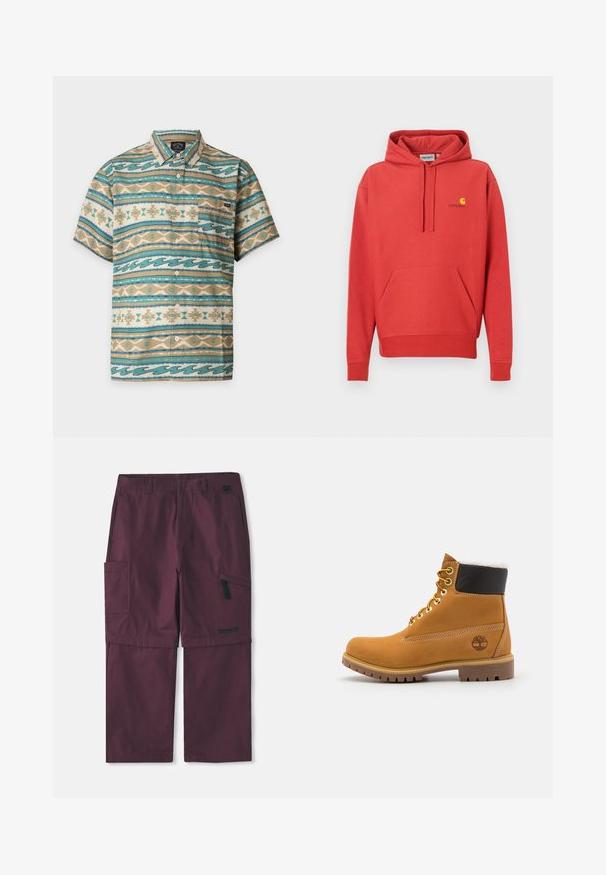 Sweat à capuche rouge avec cordon de serrage, poche kangourou, poignets côtelés et logo jaune sur la poitrine. Fabriqué en tissu doux avec une texture lisse.; Chemise à manches courtes boutonnée avec des rayures horizontales turquoise, beige et blanches présentant des motifs géométriques et ondulés et une poche poitrine gauche.; Pantalons cargo convertibles bordeaux avec poche zippée sur le côté et logo Timberland sur la jambe droite, avec entrejambe allongé montré.; Bottine en cuir brun avec œillets en métal, doublure en fourrure blanche, col rembourré noir, semelle robuste et logo en relief sur le côté.