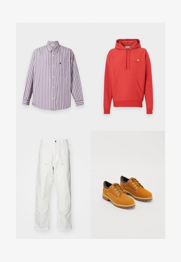 Sweat à capuche rouge avec cordon de serrage, poche kangourou, poignets côtelés et logo jaune sur la poitrine. Fabriqué en tissu doux avec une texture lisse.; Chemise à rayures à manches longues en lavande clair et blanc, avec un col boutonné, une poche avant et un ourlet arrondi. Tissu en coton.; Pantalons cargo en coton blanc avec une coupe décontractée. Les caractéristiques incluent des poches avant, des accents en métal doré et des sections de genoux renforcées.; Chaussures en daim marron avec un bout rond, des lacets jaunes, un col rembourré noir et des semelles en caoutchouc avec des rainures de traction.