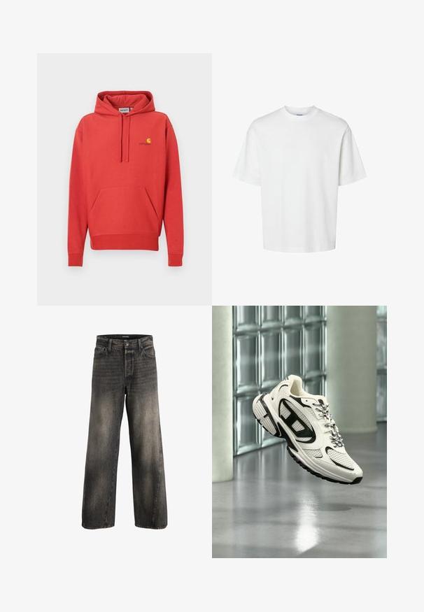 Roter Kapuzenpullover mit Kordelzugkapuze, Kängurutasche, gerippten Bündchen und einem gelben Logo auf der Brust. Hergestellt aus weichem Stoff mit glatter Textur.; Schlichtes weißes T-Shirt mit kurzen Ärmeln, Rundhalsausschnitt und lockerem Schnitt, abgebildet auf weißem Hintergrund.; Hochtaillierte, weit geschnittene schwarze, ausgewaschene Jeans mit vorderem Knopf- und Reißverschluss sowie standartmäßigen Fronttaschen.; Weißer und schwarzer Sportschuh mit Mesh-Details und gemusterten Schnürsenkeln, schwebt mitten in der Luft in einem modernen Innenraum mit Glasbausteinen.