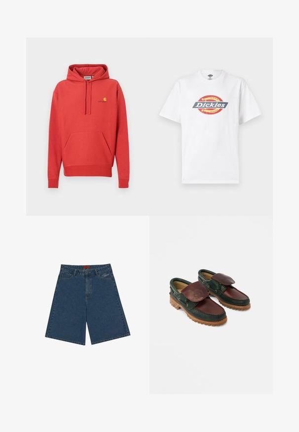 Roter Kapuzenpullover mit Kordelzugkapuze, Kängurutasche, gerippten Bündchen und einem gelben Logo auf der Brust. Hergestellt aus weichem Stoff mit glatter Textur.; Weißes Baumwoll-T-Shirt mit einem mehrfarbigen, runden Logo und dem Schriftzug "Dickies" in fetten Buchstaben. Kurzärmlig, Rundhalsausschnitt und glatte Textur.; Dunkelblaue Jeansshorts mit mittelhohem Bund, Druckknopfverschluss, Fronttaschen und gesticktem Logo auf der linken Seite.; Lederschuhe mit einem dunkelgrünen Oberteil und einem bordeauxroten oberen Teil, runder Spitze, gesichertem Klappverschluss und einer strukturierten Gummisohle mit Rillen.