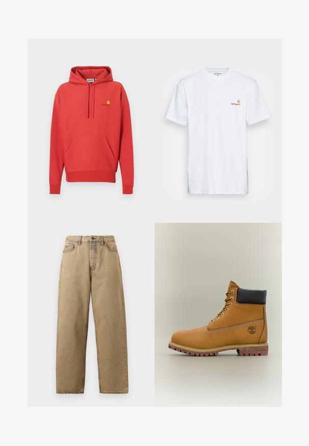 Rode hoodie met een capuchon met trekkoord, een kangoeroezak, geribde manchetten en een geel logo op de borst. Gemaakt van zachte stof met een gladde textuur.; Witte katoenen t-shirt met korte mouwen. Ontworpen met een klein oranje en kastanjebruin logo op de linkerkant van de borst. Heeft een klassieke ronde hals.; Tan denim jeans met een rechte pijpontwerp, voorzien van een rits, riemlussen en contrasterende stiksels. Geen opvallende patronen of hardwaredetails.; Bruine leren enkellaars met zwarte kraag, gele veters en een zandkleurige zool. Voorzien van een logo en witte stikseldetails. Robuuste loopzool met grip.