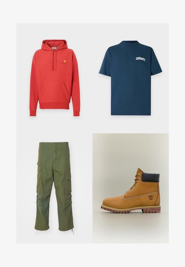 Sudadera con capucha roja con cordón, bolsillo tipo canguro, puños acanalados y un logo amarillo en el pecho. Hecha de tela suave con una textura lisa.; Camiseta de algodón azul marino con mangas cortas y cuello redondo. Presenta un logo blanco de "Carhartt" impreso en el pecho izquierdo.; Pantalones cargo verde oliva de algodón, con bolsillos laterales, cierre de botón, corte recto y con bajos ajustables para un largo personalizable.; Bota de tobillo de cuero marrón con cuello negro, cordones amarillos y suela beige. Presenta un logotipo y detalles de costura blanca. Suela exterior con tracción robusta.