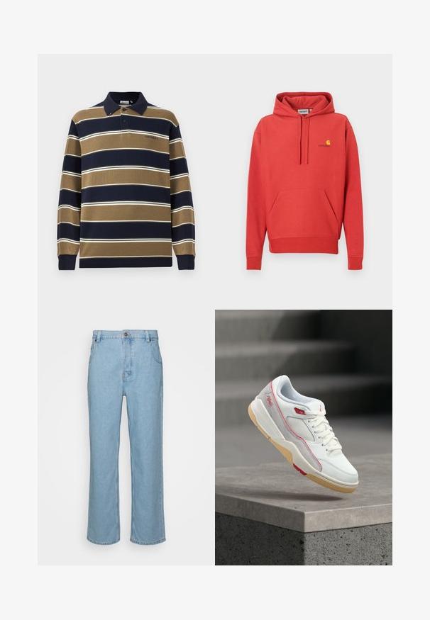 Rode hoodie met een capuchon met trekkoord, een kangoeroezak, geribde manchetten en een geel logo op de borst. Gemaakt van zachte stof met een gladde textuur.; Poloshirt met lange mouwen in marineblauw, beige en witte verticale strepen; beschikt over een kraag, drie knopen aan de voorkant en een geborduurd logo op de borst.; Lichtblauwe denim jeans met een recht pijpdesign, met een knoopsluiting, riemlussen en twee voorzakken.; Witte en grijze sneaker met rode accenten en een rubberen zool, zwevend weergegeven boven een betonnen rand met onscherpe trappen op de achtergrond.