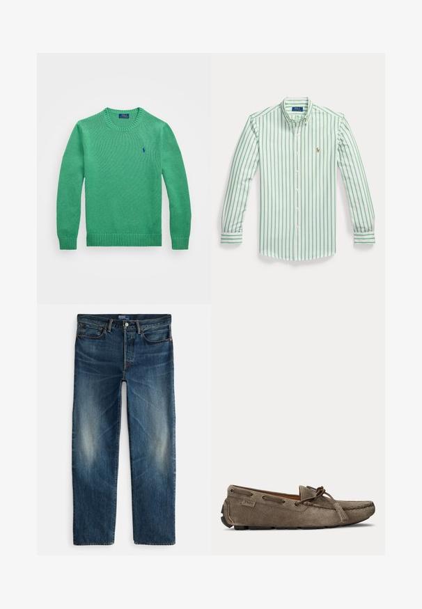 Grøn strikket sweater med rund hals, ribbede manchetter og kant, der har et lille blåt logo på brystet. Lavet af letvægtsmateriale.; Herre langærmet skjorte med knapper, med lodrette grønne og hvide striber samt et lille broderet logo på venstre bryst.; Indigo blå denimjeans med straight-leg design, fem-lomme stil og subtil falmning på lårene. Metallknap og lynlås lukning.; Lysebrun ruskindsslipper med snøre- og duskedetalje, syet moc-tå og gummiydersål, sidevisning.