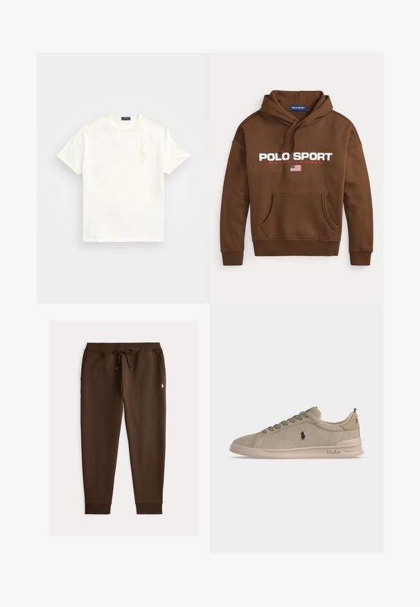 Hnedá mikina s kapucňou a predným vreckom, biely text "POLO SPORT", červený text "RALPH LAUREN" a malá vlajka USA pod logom.; Biely bavlnený tričko s okrúhlym výstrihom, krátkymi rukávmi a nenápadným vyšívaným logom koňa na ľavej hrudi. Hladká textúra.; Hnedé ležérne jogger nohavice s elastickým pásom, šnúrkou, bočnými vreckami a malým bielym vyšívaným logom na hornej ľavej stehne.; Svetlobéžové semišové nízke tenisky s logom Polo na boku a päte, predné zaväzovanie na šnúrky a béžová gumová podrážka.