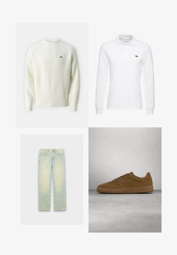 Flødefarvet, ribstrikket sweater med rund hals og lange ærmer. Har en lille grøn logo på brystet og tekstureret stof.; Hvid langærmet polo shirt lavet af bomuld, med en klassisk krave og et lille grønt Lacoste-logo på brystet. Glat tekstur.; Lyseblå denimjeans med løs pasform, fem lommer, lynlås og en slidt finish langs lår og knæ.; Brun ruskindsneaker med tanfarvede snørebånd og gummisål. Har en rundet snude og synlige stikninger på overdelen. Letvægtsdesign.