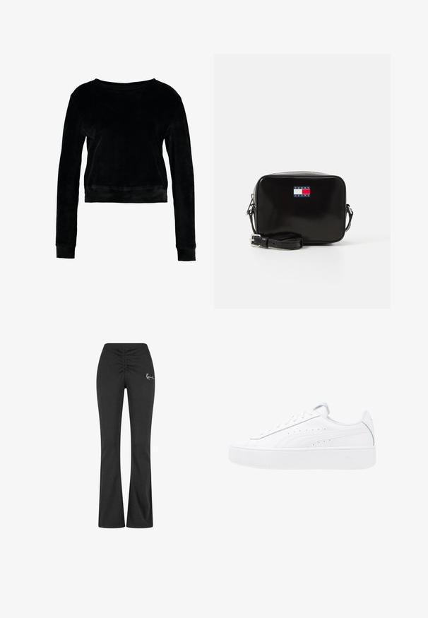 Sort cropped sweatshirt lavet af blødt, glat materiale. Har lange ærmer og en bred halsudskæring. Enkel, udekoreret design uden synlige mønstre.; Sorte udringede bukser med en samlet talje, lavet af blødt, strækbart stof. Har et lille hvidt logo på venstre side.; Hvide platform sneakers med overdel i læder, rund tå og snørelukning. Har sidelufthuller og diskret branding på hælen.; Sort patentlæder crossbody taske med rektangulær form, der har en farveblokeret logo-patch med røde, hvide og blå accenter.