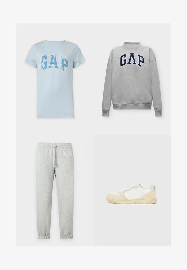 Sweat-shirt gris clair avec col montant, manches longues et texte "GAP Original" en grandes lettres bleu marine sur la poitrine.; T-shirt bleu clair à manches courtes avec grand logo GAP bleu et motifs floraux blancs sur les lettres, présenté sur un fond uni.; Pantalon de survêtement gris clair avec taille élastique, cordon, poignets élastiques et logo blanc "GAP" sur la partie supérieure de la cuisse gauche.; Baskets blanches et beiges avec dessus en suède et textile, présentant des coutures contrastées, une semelle en caoutchouc et un accent bleu clair sur le talon.