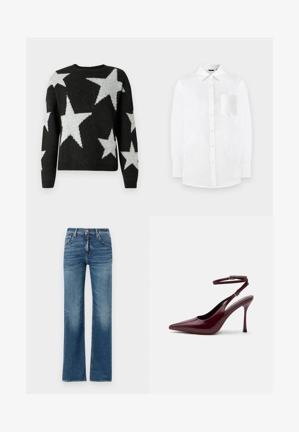ONLY Knitted ONLJESSICA Knitted - Trui - black; Witte blouse van lichtgewicht stof. Heeft een klassiek kraag, lange mouwen en een enkele borstzak met een gladde textuur.; Lichtblauwe denim jeans met hoge taille, uitlopende pijpen en subtiele slijtplekken, met vijf zakken en een knoopsluiting.; Glanzende bordeauxrode hoge hak met puntige neus, enkelriem en gesp, slanke stilettohak, zijaanzicht op een effen achtergrond.