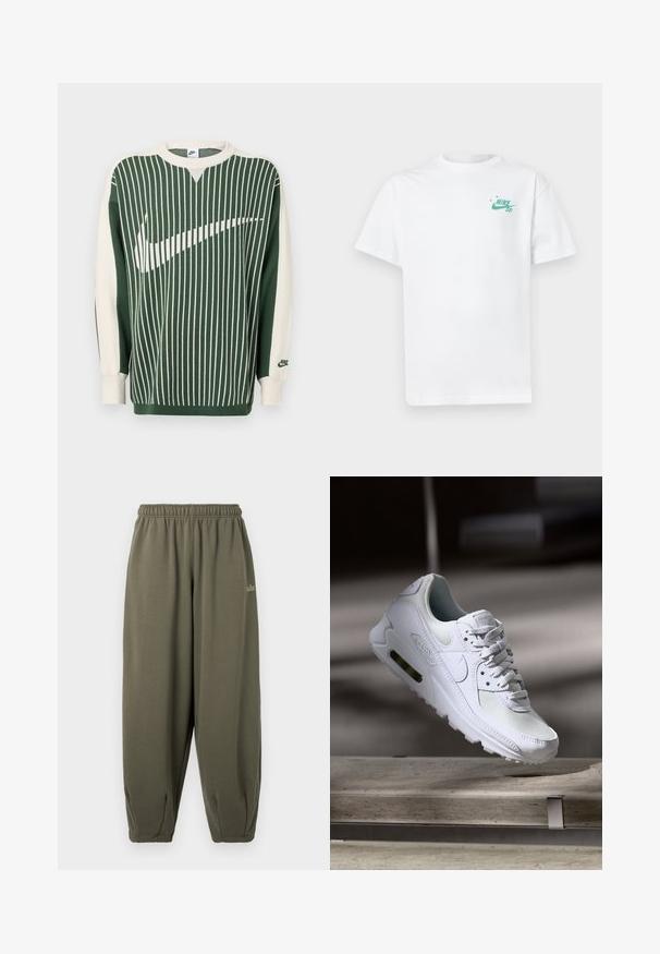 Grøn og kremfarvet strikket sweater med lodrette striber, med en stor hvid Nike-logo, ribstrikkede manchetter og rund halsudskæring.; Hvid bomulds t-shirt med et lille grønt Nike-logo på venstre bryst. Korte ærmer og klassisk crew neck-design. Blød tekstur.; Grågrønne sweatpants med elastisk talje og manchetter. Har minimal branding i matchende tråd på siden. Blød tekstur.; Hvide Nike Air Max 90 sneakers med en overdel i mesh og læder, perforeret tåboks og en synlig luftenhed i hælen.