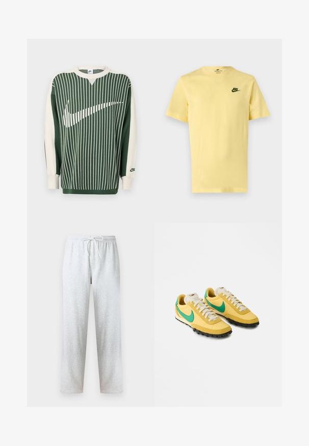 Green and cream knit sweater with vertical stripes, featuring a large white Nike logo, ribbed cuffs, and a crew neckline.; Pale yellow short-sleeve Nike T-shirt with green Nike logo on the left chest, displayed on a plain light background.; Gray sweatpants made of soft fabric, featuring an elastic waistband with a drawstring and straight legs. No patterns or accents visible.; Yellow Nike sneakers with green swoosh logos, white laces, and black textured soles angled to the right on a white background.