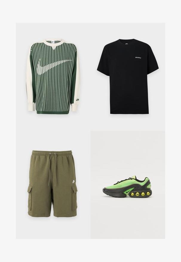 Grøn og kremfarvet strikket sweater med lodrette striber, med en stor hvid Nike-logo, ribstrikkede manchetter og rund halsudskæring.; Sort bomuld t-shirt med korte ærmer og rund halsudskæring, med en lille hvid logo på venstre brystområde.; Olivengrønne Nike cargoshorts med elastisk taljebånd, justerbar snøre, sidelommer med klap og lille hvid Nike-logo på venstre lår.; Nike sneakers med en mesh-overdel i lys grøn, sorte accenter og en karakteristisk sål med synlige gule luftbobler.