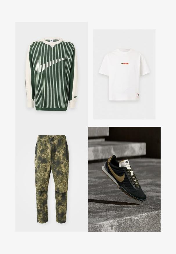 Grøn og kremfarvet strikket sweater med lodrette striber, med en stor hvid Nike-logo, ribstrikkede manchetter og rund halsudskæring.; Hvid kortærmet Nike T-shirt med lille "Fussball" logo i sort og rød på brystet og et rektangulært mærke nær nederste kant.; Kamuflagebukser i forskellige nuancer af grøn med et digitalt mønster. Har elastisk talje, snor og sidelommer med lynlås.; Sort og guld Nike løbesko med tekstureret overdel og mønstret snøre, der svæver over ru betongulv og trin.