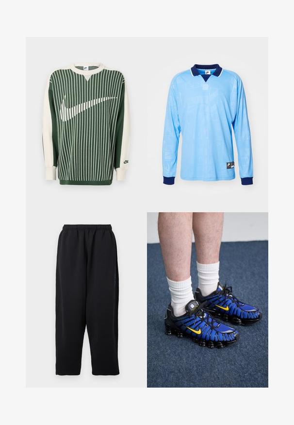 Grüner und cremefarbener Strickpullover mit vertikalen Streifen, große weiße Nike-Logo, gerippte Bündchen und Rundhalsausschnitt.; Hellblauses Langarm-Polohemd mit marineblauem Kragen und Bündchen, das ein dezentes Allover-Muster und Nike-Logoprint am unteren Saum aufweist.; Schwarze Jogginghose aus weichem Stoff, mit elastischem Bund, weiten Beinen und Seitentaschen mit dezenten blauen Akzenten.; Blaue und schwarze Sportschuhe zeichnen sich durch ein Mesh-Design, gelbe Akzente und eine segmentierte Sohle aus. Sie werden mit weißen Knöchelsocken getragen.