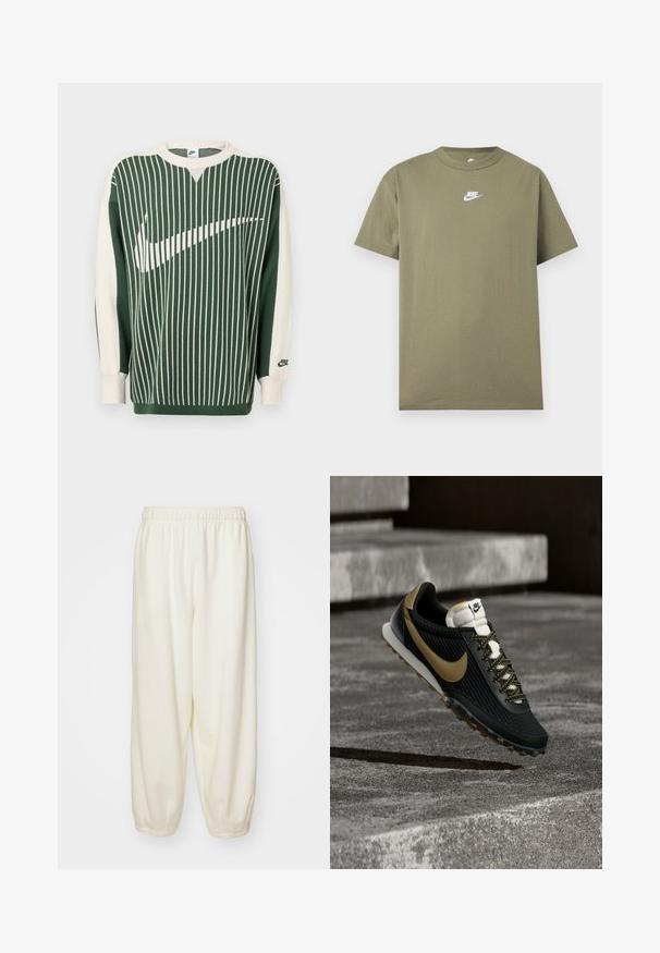 Groene en crèmekleurige gebreide trui met verticale strepen, voorzien van een groot wit Nike-logo, geribbelde boorden en een ronde hals.; Olijfgroene Nike T-shirt met korte mouwen en ronde hals met een wit logo op de borst op een effen lichtgrijze achtergrond.; Crème-kleurige sweatpants van zachte stof, met een elastische tailleband en taps toelopende manchetten, in een comfortabele pasvorm zonder zichtbare patronen.; Zwart-gouden Nike hardloopschoen met een gestructureerde bovenkant en patroonveters, zwevend boven een ruwe betonnen ondergrond en trappen.