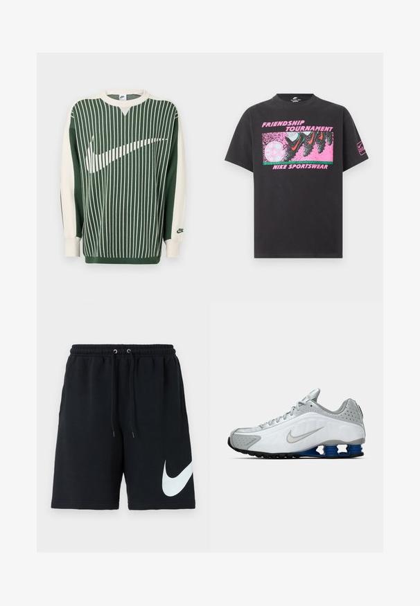 Zelený a krémový pletený sveter so zvislými pruhmi, s veľkým bielym logom Nike, rebrovanými manžetami a okrúhlym výstrihom.; Čierne tričko Nike s ružovou grafikou kopačiek kopajúcich futbalovú loptu, textom "Friendship Tournament" a "Nike Sportswear" na prednej strane.; Čierne bavlnené šortky s elastickým pásom, šnúrkou, bočnými vreckami a veľkým bielym logom Nike potlačeným na ľavej strane.; Biele a šedé bežecké tenisky Nike so strieborným swooshom, modrými pružinovými podrážkami a čiernym dezénom na jednofarebnom pozadí.