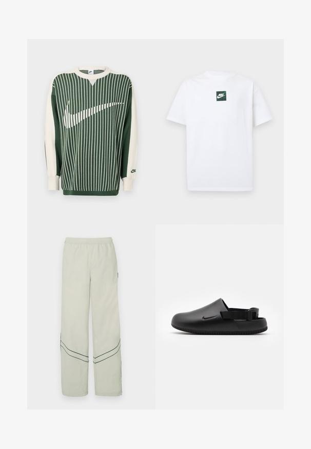 Grüner und cremefarbener Strickpullover mit vertikalen Streifen, große weiße Nike-Logo, gerippte Bündchen und Rundhalsausschnitt.; Weißes Nike-T-Shirt mit kurzen Ärmeln, versehen mit einem kleinen grünen quadratischen Logo, das den Nike-Swoosh und Text in der Brustmitte zeigt.; Hellgrüne, locker sitzende Hose mit elastischem Bund, versehen mit dunkelgrünen diagonalen Linien und einfachem Design. Glatter, leichter Stoff.; Schwarze geformte Clogs mit glatter Textur, einem Hinterriemen für Stabilität und einer geriffelten Sohle für Grip. Mit kleinem Logo an der Seite.
