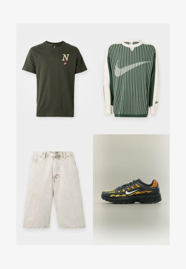 Grüner und cremefarbener Strickpullover mit vertikalen Streifen, große weiße Nike-Logo, gerippte Bündchen und Rundhalsausschnitt.; Olivenfarbener Baumwoll-T-Shirt mit kurzen Ärmeln, ausgestattet mit einem großen gemusterten "N"-Logo in Beige und einem kleinen pinken Nike-Swoosh auf der Brust.; Hellgraue, ausgewaschene Jeansshorts mit vorderen Taschen, Gürtelschlaufen und Knopfverschluss, flach auf weißem Hintergrund liegend dargestellt.; Schwarzer und gelber Nike P-6000 Sneaker mit weißem Swoosh, schwarzer Sohle und Obermaterial aus Mesh, seitliche Ansicht vor einfachem Hintergrund.