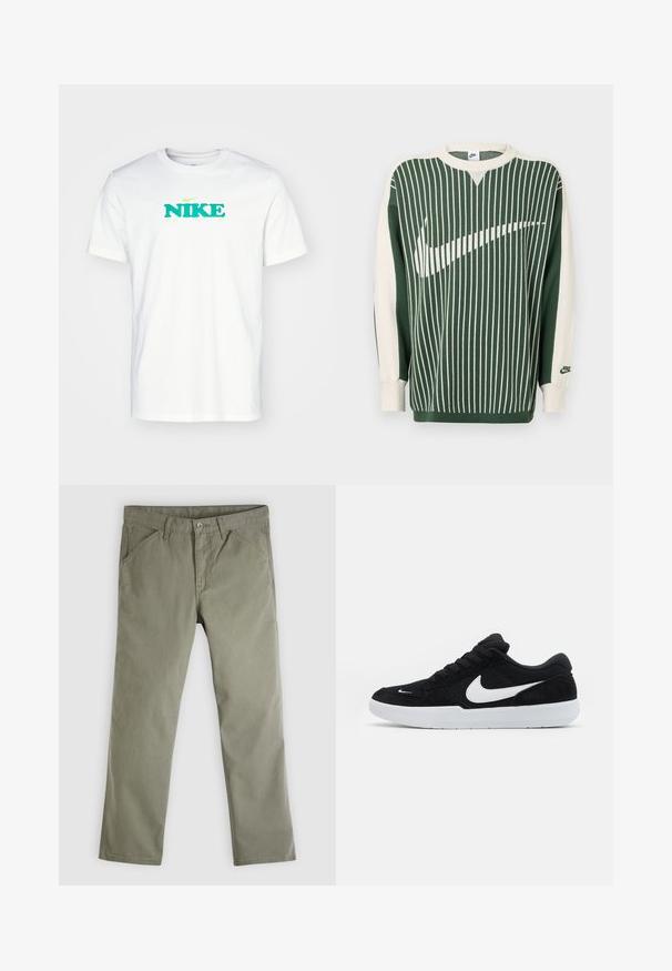 Grüner und cremefarbener Strickpullover mit vertikalen Streifen, große weiße Nike-Logo, gerippte Bündchen und Rundhalsausschnitt.; Weißes Baumwoll-T-Shirt mit rundem Halsausschnitt und kurzen Ärmeln. Verfügt über ein großes grünes "NIKE"-Logo und darunter Text in Grün und Gelb.; Herrenhose in geradem Schnitt, olivgrün, leger, mit Taschen vorne und hinten, Knopfverschluss und Gürtelschlaufen.; Schwarze Wildledersneaker mit weißen Akzenten, runder Zehenform, dicker weißer Sohle und schwarzen Schnürsenkeln. Auffälliges weißes Nike-Logo an der Seite.