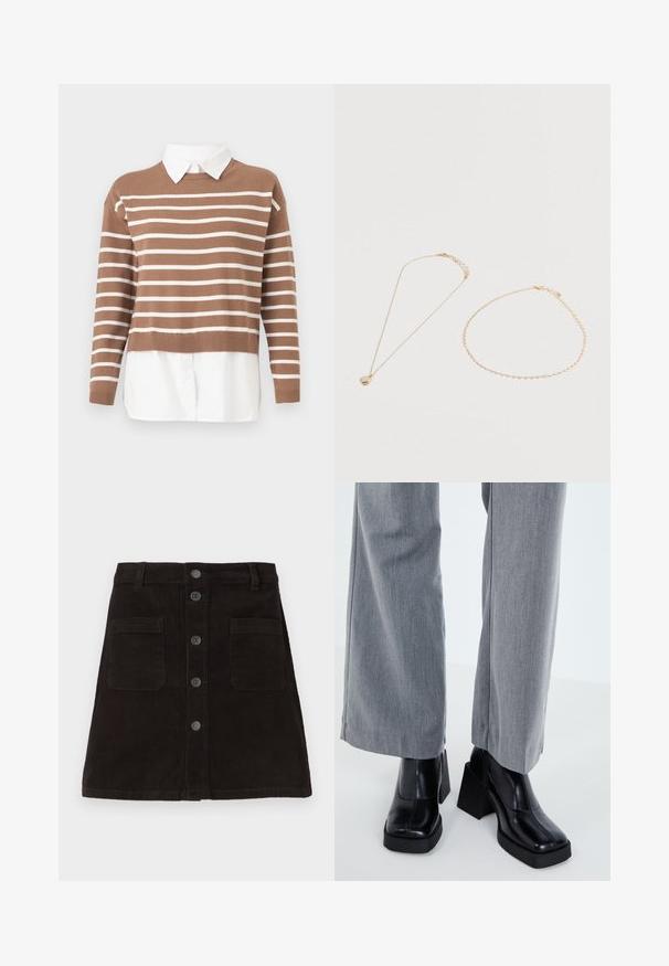 Bruine en witte horizontaal gestreepte trui, gelaagd over een witte blouse met knopen, gepresenteerd op een witte achtergrond.; Bruine corduroy A-lijn rok met een knoopsluiting aan de voorkant, twee voorzakken en geweven verticale strepen. Standaard tailleband met lussen voor een riem.; Zwarte hoge laars met een vierkant teen, een zachte leren afwerking en een chunky platform. Gecombineerd met lichtgrijze, wijde broeken.; Twee delicate gouden kettingen liggen op een witte ondergrond; de ene met een ronde parelmoer hanger, de andere een eenvoudige kettingarmband.