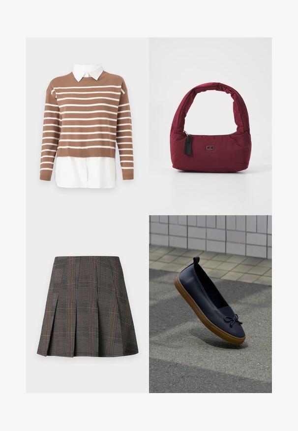 Brun og hvid stribet sweater med horisontale striber, lagt over en hvid skjorte med krave og knapper, præsenteret på en hvid baggrund.; Gråternet nederdel med plisseringer, prydet med intrikate mønstre i sort og hvid, akkompagneret af tynde røde linjer. Fremstillet af et struktureret stof.; Sort læder slip-on sko med brun gummisål og bundet sløjfedetalje, svævende over en grå fortov ved siden af en flisebelagt væg.; Bordeaux polstret stof håndtaske med et buet, samlet håndtag, en lynlås lukning og et lille sort lædermærke. Logoet er synligt foran.