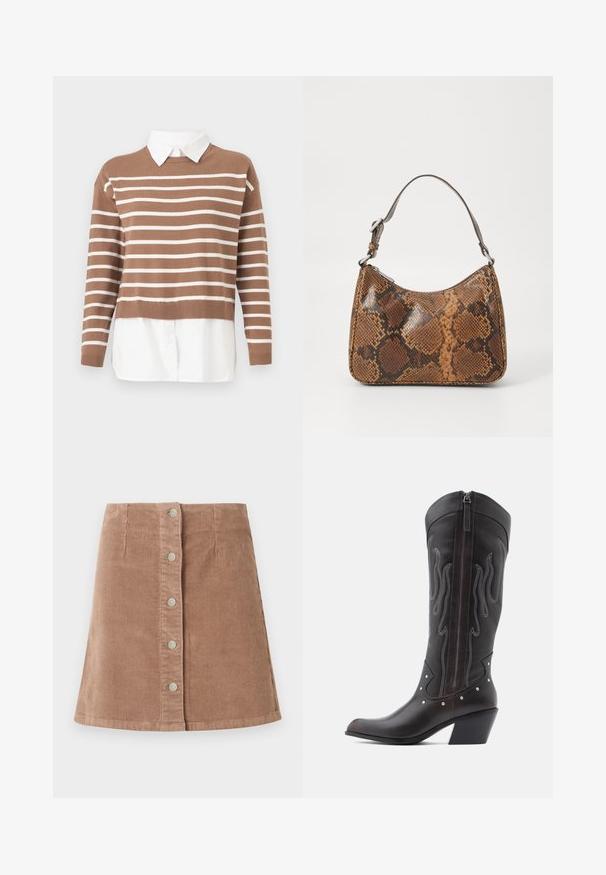 Un pull rayé horizontal marron et blanc superposé sur une chemise blanche à col avec des boutons, présenté sur un fond blanc.; Jupe en velours côtelé marron avec un ourlet évasé, dotée de cinq boutons en argent sur le devant et d'une texture côtelée verticale.; Bottes de cowboy en cuir marron avec surpiqûres en forme de flammes, fermeture éclair latérale, clous argentés, bout pointu et talon superposé.; Petit sac à main avec un motif en peau de serpent marron et noir, courroie courte et ajustable, et fermeture éclair.