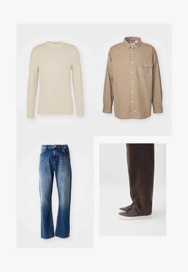 Kabelstrikket sweater i lys creme. Har rund halsudskæring, lange ærmer, ribbede manchetter og kant, samt et struktureret overflademønster.; Tanktop, lange ærmer, lysbrun bomuldsstof, knaplukning fortil, enkelt brystlomme med flap, klassisk krave, lige kant.; Denimbukser med lige ben, lyse og mørkeblå vask med falmning, fem lommer og knaplukning.; Mørkebrune teksturerede bukser kombineret med grå sneakers med en glat læderoverdel, rundet tå og hvid gummisål.