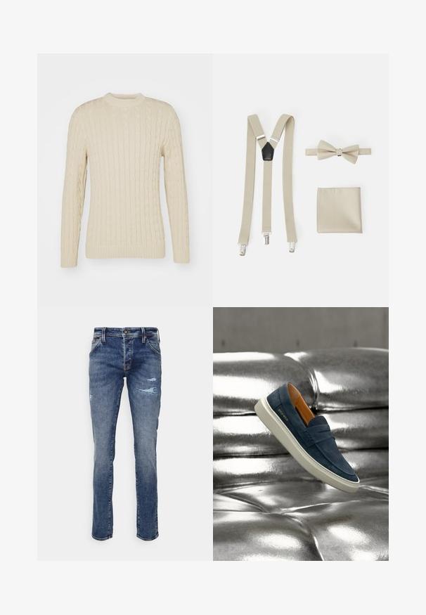 Suéter de punto de cable en color crema claro. Presenta cuello redondo, mangas largas, puños y dobladillo acanalados, con un patrón de superficie texturizado.; Jeans de mezclilla azul con corte recto, que presentan un ligero desgaste y áreas deshilachadas en las rodillas. Diseño clásico de cinco bolsillos, con cierre de cremallera.; Mocasín de ante azul marino con suela blanca e interior de color tostado, flotando sobre una superficie plateada metálica brillante con capitoné.; Tirantes beige con clips metálicos, una pajarita a juego y un pañuelo de bolsillo. Tejido texturizado con acentos suaves. Adecuado para vestimenta formal.