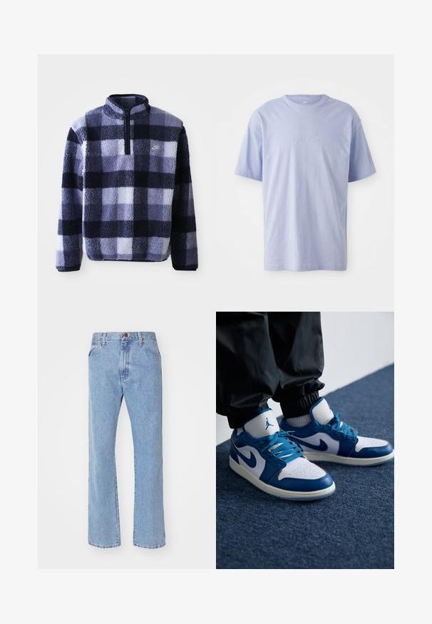 Pullu en polaire Nike bleu marine et à carreaux bleu clair. Doté d'une demi-fermeture éclair et d'un tissu doux et texturé. Petit logo sur la poitrine.; T-shirt en coton bleu clair avec un col rond et des manches courtes. Présente un logo "nike" en relief au centre devant. Texture douce.; Jean denim bleu clair à coupe droite, fermeture avant par bouton et zip, passants de ceinture et poches avant standard.; Les baskets Nike Air Jordan présentent une base en cuir blanc avec des accents en synthétique bleu, une boîte à orteils perforée et des lacets bleus.
