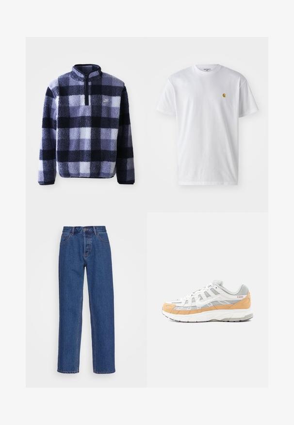 Nike fleece pullover i navy og lyseblå plaid. Har en halv lynlås og et blødt, struktureret stof. Lille logo på brystet.; Hvid bomulds t-shirt med korte ærmer, rund hals og et lille guld logo på venstre brystområde. Blød tekstur og almindelig pasform.; Blå denim jeans med en klassisk lige ben-design, der har høj talje, bæltestropper og diskrete syninger.; Hvide og grå sneakers med lyse orange accenter, lavet af mesh og lædermaterialer, med en tekstureret sål og geometrisk mønster på siderne.