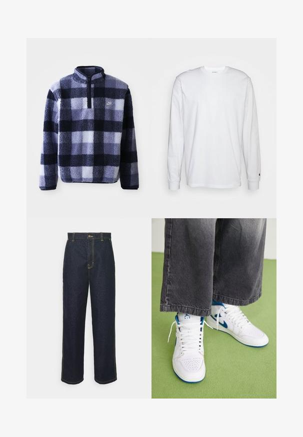 Nike fleece pullover i navy og lyseblå plaid. Har en halv lynlås og et blødt, struktureret stof. Lille logo på brystet.; Hvid langærmet T-shirt lavet af bomuld. Rund halsudskæring med ribbede manchetter og et lille logo på venstre ærme. Glat tekstur.; Bredde ben mørke denim jeans med gul syning, der har en frontlukning med knap og sidelommer. Glat tekstur og traditionelt design.; Hvide højtop sneakers med blå accenter, perforeret tå boks og hvide snørebånd. Båret med løse grå denim bukser på en grøn overflade.