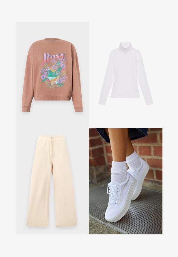 Sweatshirt marron clair avec un motif coloré de fleurs et de montagnes, texte "Roxy" et année "1990" imprimés à l'avant.; Haut à col roulé à manches longues blanc, fabriqué en tissu lisse et extensible. Il présente un col haut et une coupe ajustée, sans motifs ni embellissements visibles.; Pantalons à jambes larges en beige clair, fabriqués dans un tissu texturé. Dotés d'une taille élastique avec cordon de serrage. Design simple et sans embellissement.; Baskets en toile blanches avec semelles en caoutchouc, dotées de six œillets, d'un bout rond et de détails de couture légers, portées avec des chaussettes blanches mi-mollet.