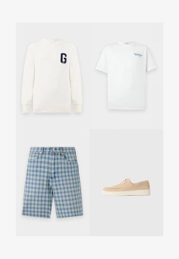 Hvid sweatshirt med rund halsudskæring, ribbede manchetter og kant, med et marineblåt broderet bogstav "G" på venstre bryst.; Hvid T-shirt med korte ærmer med lille blå tekst "replayhouse japanese dining room" på den øverste venstre bryst.; Lys blå plaid shorts i en blanding af bomuldsstof, fem-lomme design, knaplukning og en afslappet pasform. Teksturen er glat og blød.; Beige ruskinds snørresko med en hvid gummisål. Har et quiltet design og en lavt snit, hvilket giver en enkel, minimalistisk stil.