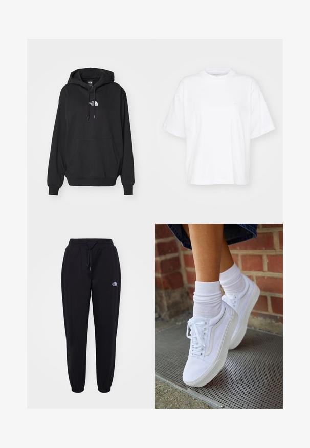 Sort hættetrøje med kængurulomme, med hvidt logo på brystet, lavet af blødt stof, designet til afslappet brug.; Hvid bomulds t-shirt med rund hals, korte ærmer og en afslappet pasform. Har et diskret logo på venstre brystområde. Glat tekstur.; Sorte joggingbukser med elastisk talje og manchetter, snoretræk, sidelommer og lille hvid The North Face-logo på højre lår.; Hvide lærreds sneakers med gummisåler, der har seks snørehuller, rund tå og let sømdetaljer, krydret med hvide ankelstrømper.