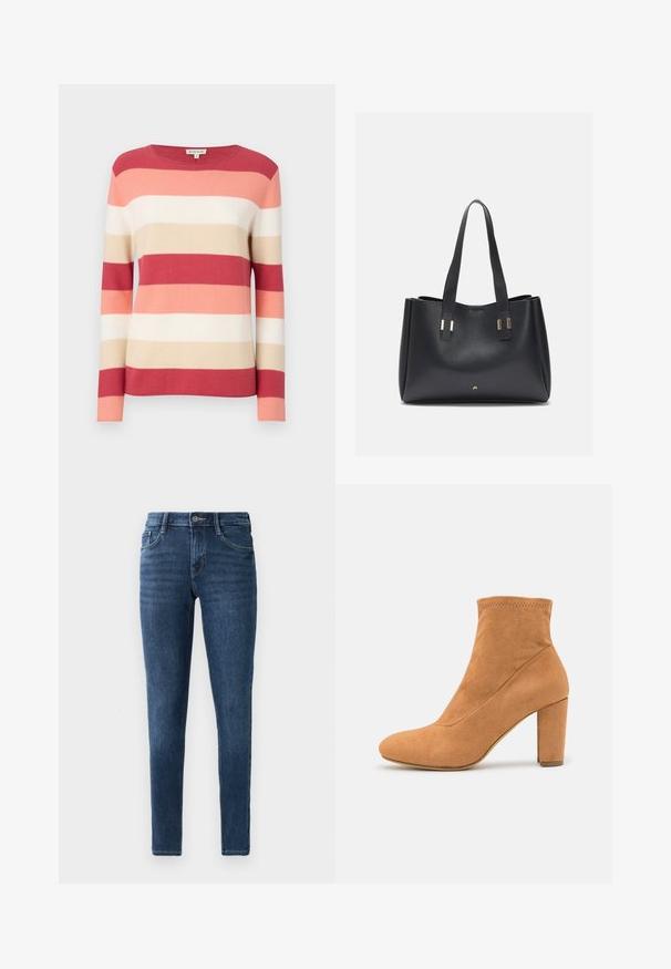 Gestreepte pullover trui in tinten van rood, roze, beige en crème. Beschikt over lange mouwen en een ronde halslijn met een zachte, gebreide textuur.; Donkerblauwe denim skinny jeans met een klassieke vijf-pocket ontwerp, voorzijde knoopsluiting en subtiele stiksel details. Glad textuur overal.; Anna Field Enkelkaarsjes - light brown; Zwarte leren draagtas met een gladde textuur, twee stevige handvatten en metalen accenten. Heeft een minimalistisch ontwerp met een open bovenkant.