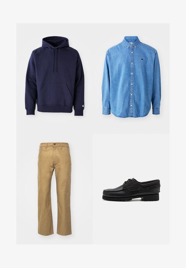 Navyblauer Pullover-Hoodie aus weichem Stoff. Verfügt über eine Kängurutasche, eine Kapuze mit Zugband und gerippte Bündchen. Mit einem Logo auf dem Ärmel akzentuiert.; Denim-Hemd mit Knöpfen, hellblau, mit Punktkragen, langen Ärmeln und kleinem Logo auf der Brust. Verfügt über weiße Knöpfe und genähte Nähte.; Khakihosen aus Baumwolle. Gerader Schnitt mit einem Bund und Fronttaschen. Verfügt über eine einzelne Gesäßtasche und subtile Nähdetails.; Schwarzer Schuh mit einem Obermaterial aus Leder, textilen Akzenten, runden Schnürsenkeln und einer strukturierten Gummisohle. Verfügt über Mokassin-Nähte und eine Markeninschrift.