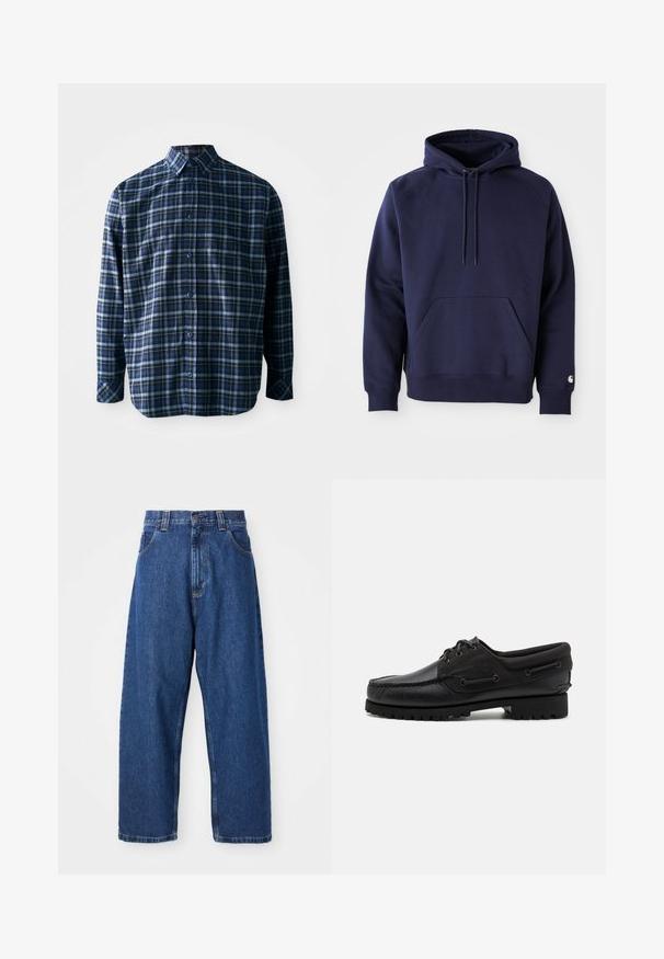 Hoodie à capuche de couleur bleu marine en tissu doux. Il dispose d'une poche kangourou, d'un cordon de serrage à capuche et de poignets côtelés. Agrémenté d'un logo sur la manche.; Chemise à carreaux bleue et noire en coton, avec un devant à boutons, des manches longues et une poche sur la poitrine. Tissu texturé.; Jean large en denim bleu foncé. Présente une taille haute, des passants de ceinture et un design classique à cinq poches. Ourlet piqué avec une finition soignée.; Chaussure noire avec un dessus en cuir, des accents textiles, des lacets ronds et une semelle en caoutchouc texturé. Présente des coutures mocassins et des détails de marque.