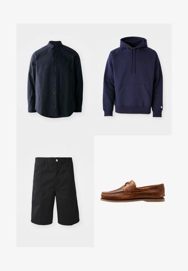 Hoodie à capuche de couleur bleu marine en tissu doux. Il dispose d'une poche kangourou, d'un cordon de serrage à capuche et de poignets côtelés. Agrémenté d'un logo sur la manche.; Chemise boutonnée bleu marine foncé avec col pointu, manches longues et ourlet droit. Présente un logo subtil sur la poitrine et un tissu texturé.; Shorts en coton noir avec une coupe droite, des passants de ceinture, une fermeture à bouton en métal et sans motifs ni accents visibles.; Chaussures bateau en cuir marron avec des accents cousus, présentant des œillets en métal, une couture surélevée sur le bout et une semelle plate en caoutchouc.