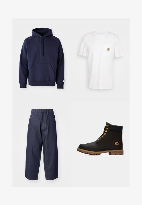 Navyblauer Pullover-Hoodie aus weichem Stoff. Verfügt über eine Kängurutasche, eine Kapuze mit Zugband und gerippte Bündchen. Mit einem Logo auf dem Ärmel akzentuiert.; Weißes Baumwoll-T-Shirt mit kurzen Ärmeln, einer Brusttasche und einem kleinen quadratischen Logopatch in Orange und Weiß auf der Tasche.; Dunkelblaue Denim-Jeans mit einem lockeren, weiten Schnitt. Zu den Merkmalen gehören ein Knopfverschluss, Fronttaschen und sichtbare Nähte.; Schwarze Leder-Ankle-Boots mit goldenen Ösen, braunen Akzenten und einer Gummisohle. Verfügt über einen gepolsterten Schaft und ein geprägtes Logo an der Seite.