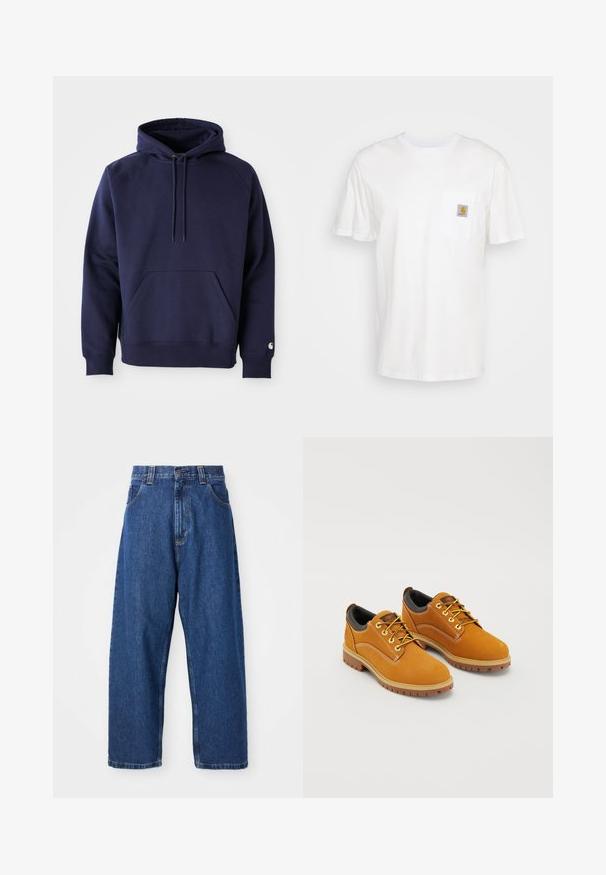 Navyblauer Pullover-Hoodie aus weichem Stoff. Verfügt über eine Kängurutasche, eine Kapuze mit Zugband und gerippte Bündchen. Mit einem Logo auf dem Ärmel akzentuiert.; Weißes Baumwoll-T-Shirt mit kurzen Ärmeln, einer Brusttasche und einem kleinen quadratischen Logopatch in Orange und Weiß auf der Tasche.; Weite Jeans aus Denim in Dunkelblau. Hohe Taille, Gürtelschlaufen und klassisches Fünf-Taschen-Design. Gestickter Saum mit sauberem Finish.; Braune Wildlederschuhe mit einer runden Zehenpartie, gelben Schnürsenkeln, einem gepolsterten schwarzen Kragen und Gummisohlen mit Rillen für besseren Halt.