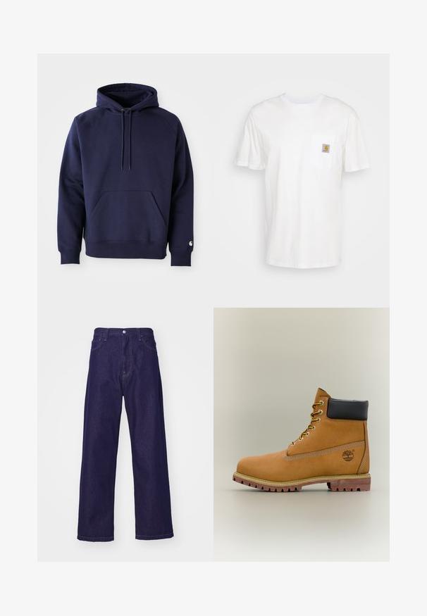 Navyblauer Pullover-Hoodie aus weichem Stoff. Verfügt über eine Kängurutasche, eine Kapuze mit Zugband und gerippte Bündchen. Mit einem Logo auf dem Ärmel akzentuiert.; Weißes Baumwoll-T-Shirt mit kurzen Ärmeln, einer Brusttasche und einem kleinen quadratischen Logopatch in Orange und Weiß auf der Tasche.; Dunkelblaue Denim-Hosen mit weitem Bein und hoher Taille, ausgestattet mit vorderen Taschen und einem Knopfverschluss, der eine glatte, strapazierfähige Textur zeigt.; Brauner Leder-Stiefelette mit schwarzem Kragen, gelben Schnürsenkeln und hellbrauner Sohle. Verfügt über ein Logo und weiße Ziernähe. Robuste Profilsohle.