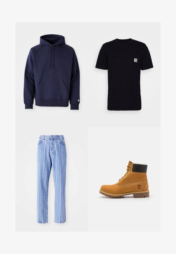 Marineblå pullover hoodie lavet af blødt stof. Har en kængurulomme, snøre i hætten og ribbede manchetter. Udsmykket med logo på ærmet.; Sort bomulds T-shirt med korte ærmer, rund hals og en brystlomme, der har et lille, kvadratisk logo-patch. Enkel, ensfarvet design.; Lysblå denimjeans med lodrette hvide striber, lige pasform, femlomme-stil og knaplukning i taljen.; Brune læder ankelstøvle med metaløjer, hvid pelsforing, sort polstret krave, robust sål og præget logo på siden.