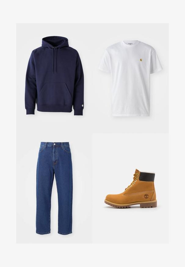 Sudadera con capucha de color azul marino, elaborada en tela suave. Cuenta con un bolsillo tipo canguro, capucha con cordón y puños acanalados. Presenta un logotipo en la manga.; Camiseta de algodón blanca con mangas cortas, cuello redondo, que presenta un pequeño logo dorado en la parte izquierda del pecho. Textura suave y corte regular.; Vaqueros de tiro alto de algodón, con una silueta de pierna recta, costuras visibles y un cierre de botón en la parte delantera.; Botín de cuero marrón con ojales de metal, forro de piel sintética blanca, cuello acolchado negro, suela resistente y logotipo en relieve en el costado.