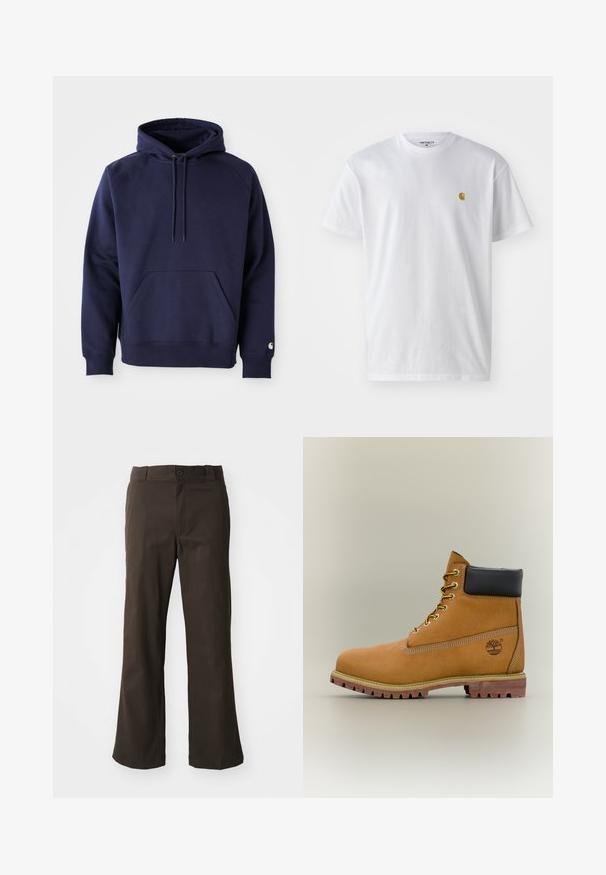 Marineblå pullover hoodie lavet af blødt stof. Har en kængurulomme, snøre i hætten og ribbede manchetter. Udsmykket med logo på ærmet.; Hvid bomulds t-shirt med korte ærmer, rund hals og et lille guld logo på venstre brystområde. Blød tekstur og almindelig pasform.; Brune, flagrende bukser med en glat tekstur, der har en frontlukning med knap og lommer på siderne. Simpel og lige design.; Brun læderankelstøvle med sort krave, gule snørebånd og tanfarvet sål. Har logo og hvide syninger som detalje. Robust ydersål med greb.