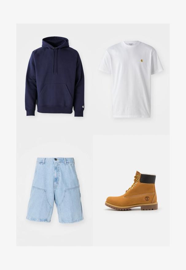 Navyblauer Pullover-Hoodie aus weichem Stoff. Verfügt über eine Kängurutasche, eine Kapuze mit Zugband und gerippte Bündchen. Mit einem Logo auf dem Ärmel akzentuiert.; Weißes Baumwoll-T-Shirt mit kurzen Ärmeln, Rundhalsausschnitt, mit einem kleinen goldenen Logo im linken Brustbereich. Weicher Stoff und normale Passform.; Hellblaue Jeansshorts mit lockerer Passform, zwei großen Vorderreißverschlusstaschen und einem Knopfverschluss an der Taille.; Braune Leder-Ankle-Boots mit Metallösen, weißem Kunstfellfutter, schwarzem gepolstertem Kragen, robustem Sohlenprofil und geprägtem Logo an der Seite.