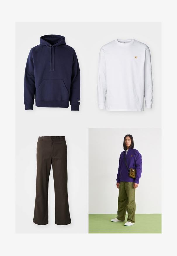 Marineblå pullover hoodie lavet af blødt stof. Har en kængurulomme, snøre i hætten og ribbede manchetter. Udsmykket med logo på ærmet.; Hvid langærmet t-shirt lavet af bomuld. Har et lille gyldent logo på brystet og en rund halsudskæring. Enkel design og standard pasform.; Brune, flagrende bukser med en glat tekstur, der har en frontlukning med knap og lommer på siderne. Simpel og lige design.; Jordan AIR JORDAN 1 ZM CMFT 2 - Sneakers high - summit white/bicoastal/oxidized green