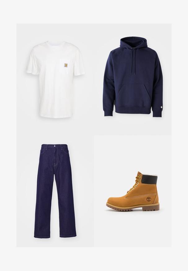 Marineblå pullover hoodie lavet af blødt stof. Har en kængurulomme, snøre i hætten og ribbede manchetter. Udsmykket med logo på ærmet.; Hvid bomulds T-shirt med korte ærmer, en brystlomme, og et lille firkantet logo patch i orange og hvid på lommen.; Mørkeblå denim bukser med vid ben, høj talje, der har forlommer og knaplukning, som viser en glat og robust tekstur.; Brune læder ankelstøvle med metaløjer, hvid pelsforing, sort polstret krave, robust sål og præget logo på siden.