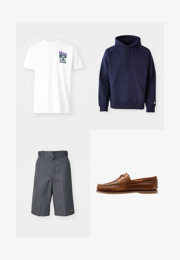 Námornícky modrý pulóver s kapucňou vyrobený z mäkkej tkaniny. Obsahuje klokanie vrecko, kapucňu na sťahovanie a ribbené manžety. Ozdobený logom na rukáve.; Biely bavlnený tričko s grafickou potlačou v purpurovej farbe, zobrazujúce sediacu postavu s textom "Obey" a "Stop Worry Now!" v čiernej farbe.; Šedé šortky vyrobené z odolnej tkaniny, s rovnými nohavicami, dvoma bočnými vreckami a malým logom na zadnom vrecku.; Hnedé kožené lodné topánky s prešitými detailmi, s kovovými očkami, vyvýšeným švom na špičke a plochou gumovou podrážkou.